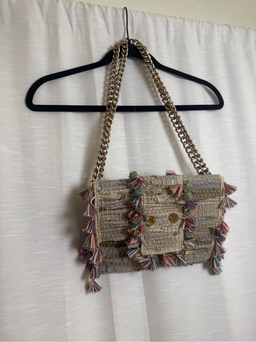Kooreloo Woven Tassel Crossbody Bag Gray Multi Fringe Chain Designer Handbag - Picture 6 of 17
